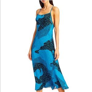 Rixo Sylvie Turquoise Blue Leopard Print Silk Midi Slip Dress Size XS NWT